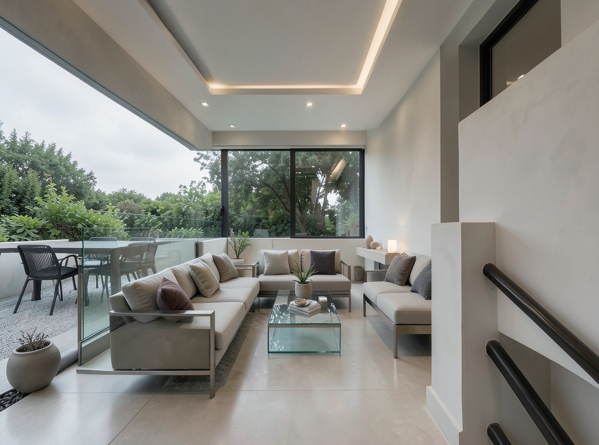 Main redesign studio: Redesign this room in a Modern interior style: clean lines, a neutral palette with bold accents, sleek low-profile furniture, glass and matte-metal su