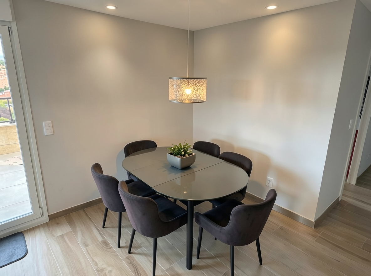 Main redesign studio: Redesign this room in a Modern interior style: clean lines, a neutral palette with bold accents, sleek low-profile furniture, glass and matte-metal su