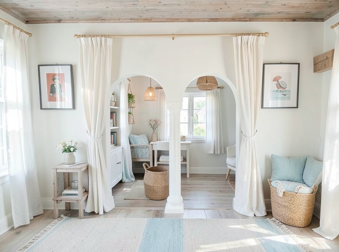 Main redesign studio: Redesign this room in a Coastal interior style: airy whites and soft-blue tones, weathered light wood, natural linen and woven textures, breezy sheer 