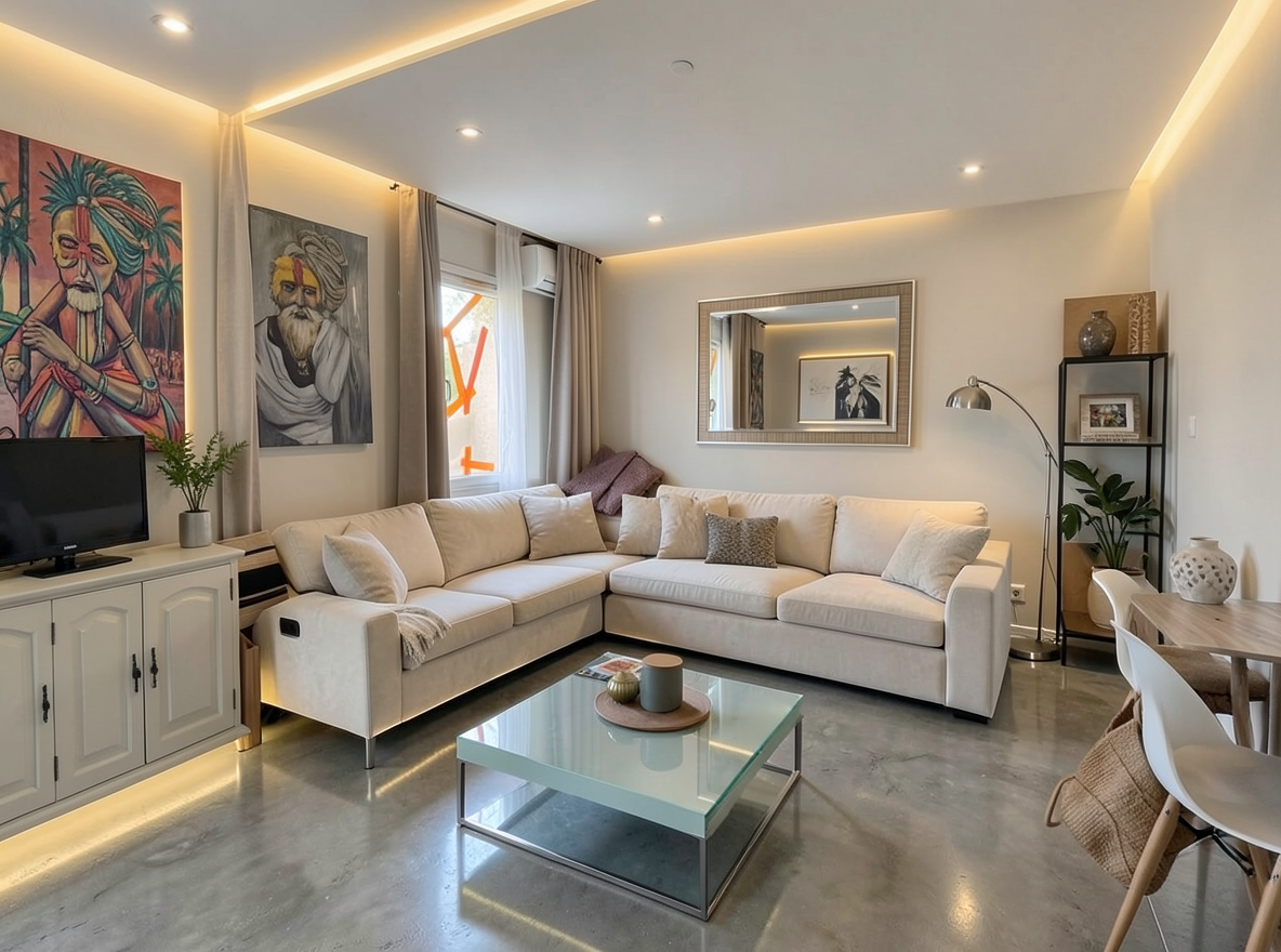 Main redesign studio: Redesign this room in a Modern interior style: clean lines, a neutral palette with bold accents, sleek low-profile furniture, glass and matte-metal su