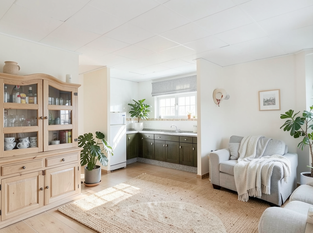 Main redesign studio: Redesign this room in a Scandinavian interior style: light oak wood, a white and soft-grey palette, wool and linen textiles, a woven jute rug, leafy p