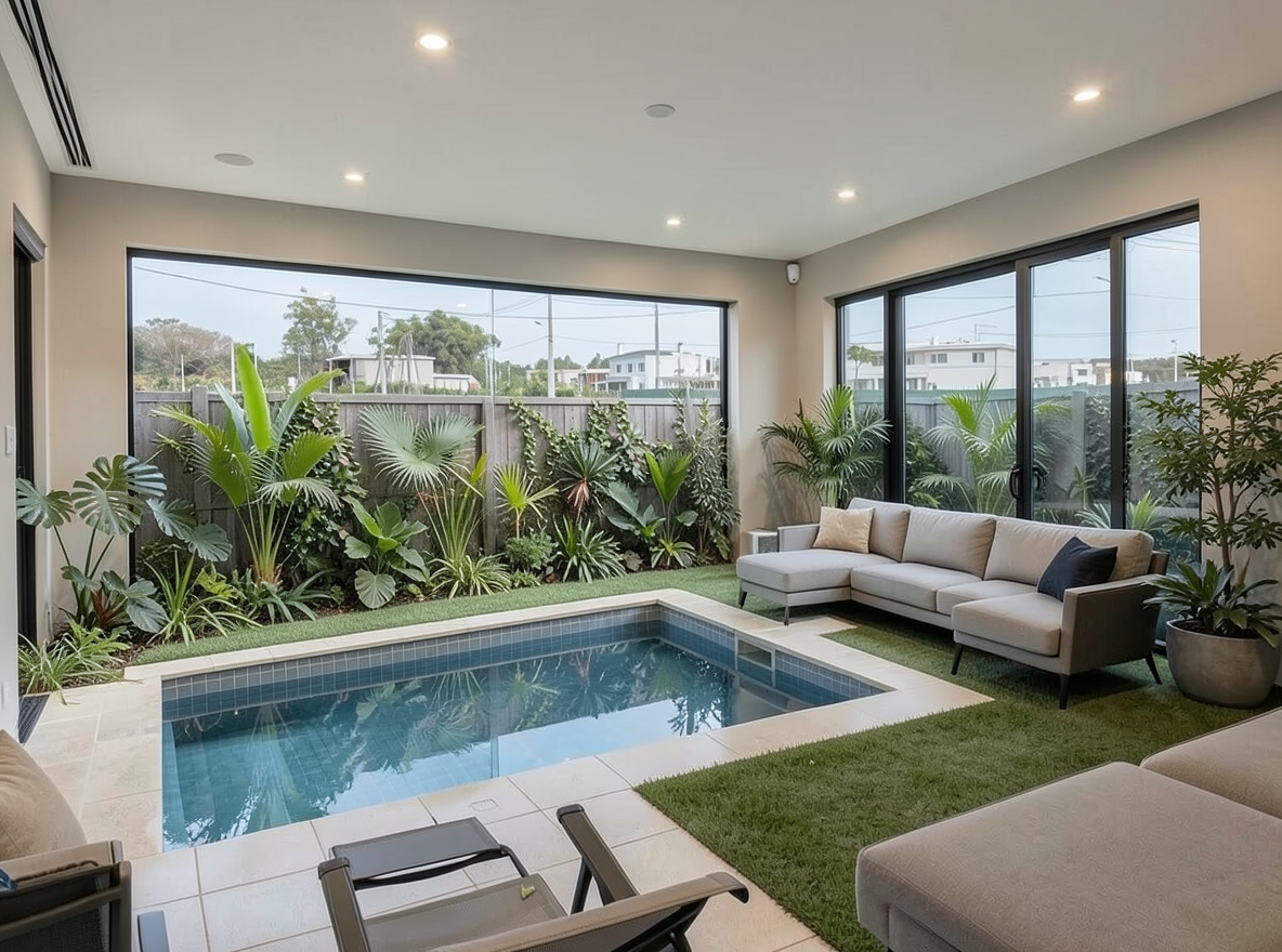 Main redesign studio: Redesign this room in a Modern interior style: clean lines, a neutral palette with bold accents, sleek low-profile furniture, glass and matte-metal su