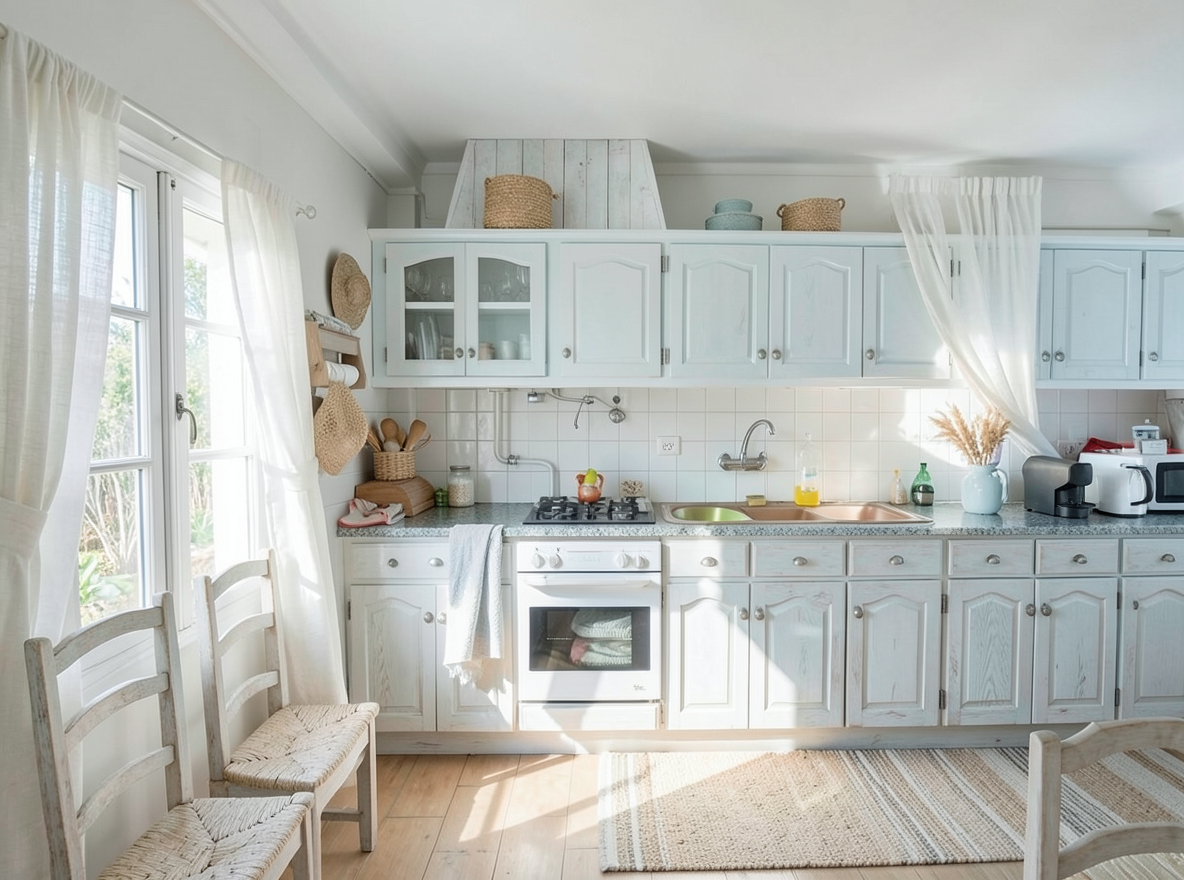 Main redesign studio: Redesign this room in a Coastal interior style: airy whites and soft-blue tones, weathered light wood, natural linen and woven textures, breezy sheer 