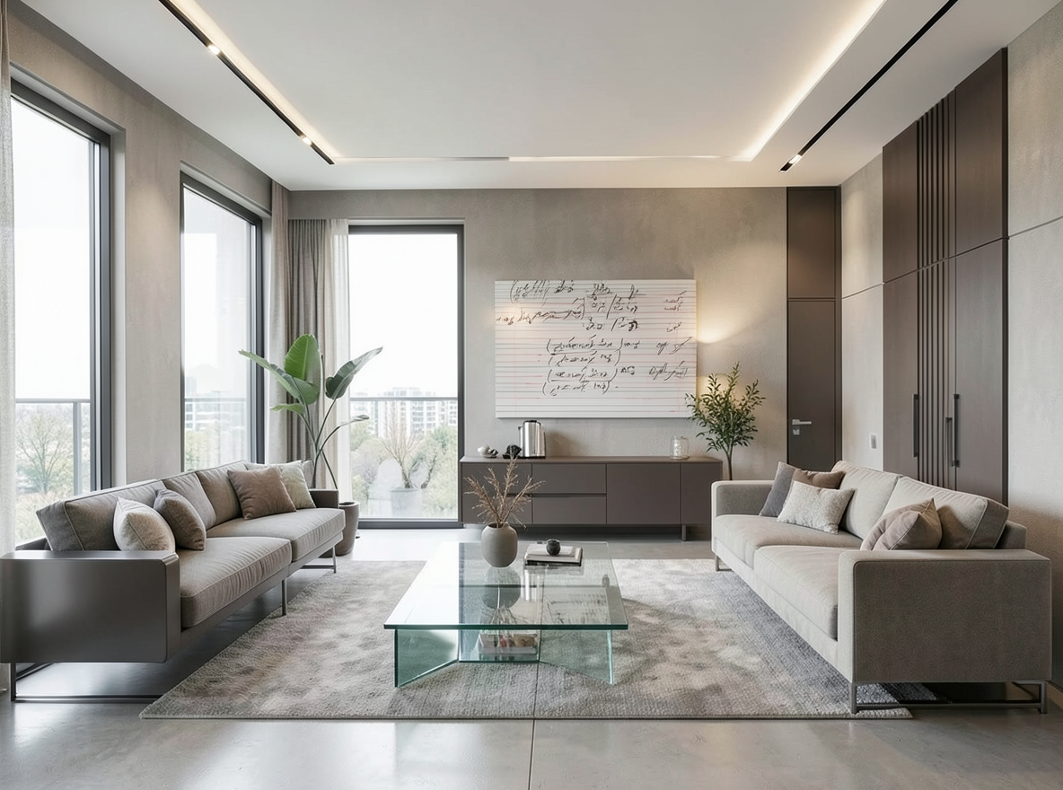 Main redesign studio: Redesign this room in a Modern interior style: clean lines, a neutral palette with bold accents, sleek low-profile furniture, glass and matte-metal su