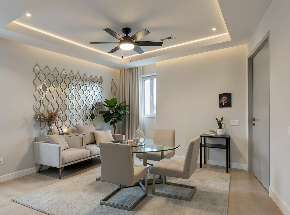 Main redesign studio: Redesign this room in a Modern interior style: clean lines, a neutral palette with bold accents, sleek low-profile furniture, glass and matte-metal su