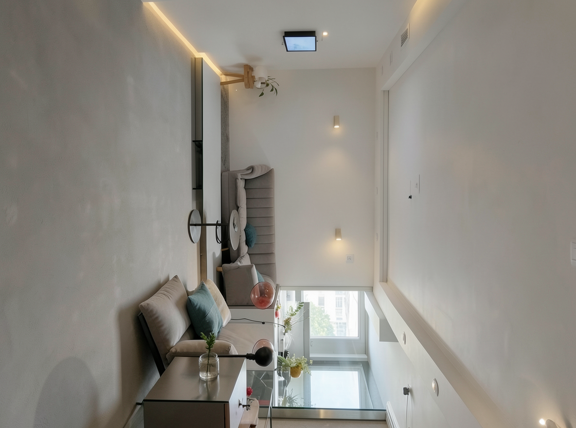 Main redesign studio: Redesign this room in a Modern interior style: clean lines, a neutral palette with bold accents, sleek low-profile furniture, glass and matte-metal su