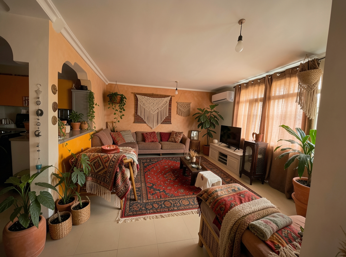 Main redesign studio: Redesign this room in a Boho interior style: layered patterned textiles, rattan and macramé, terracotta and warm earthy tones, abundant plants, vintag