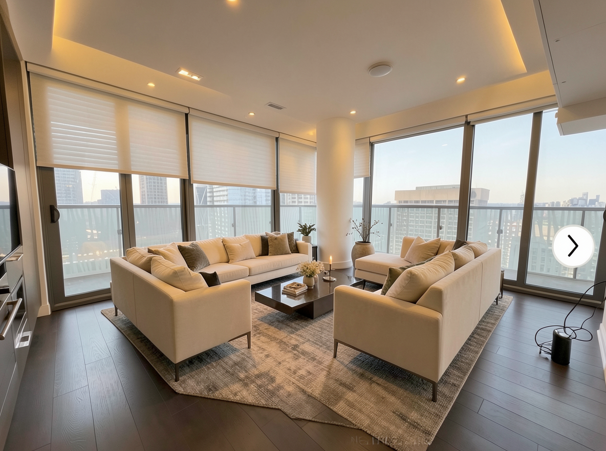 Main redesign studio: Redesign this room in a Modern interior style: clean lines, a neutral palette with bold accents, sleek low-profile furniture, glass and matte-metal su