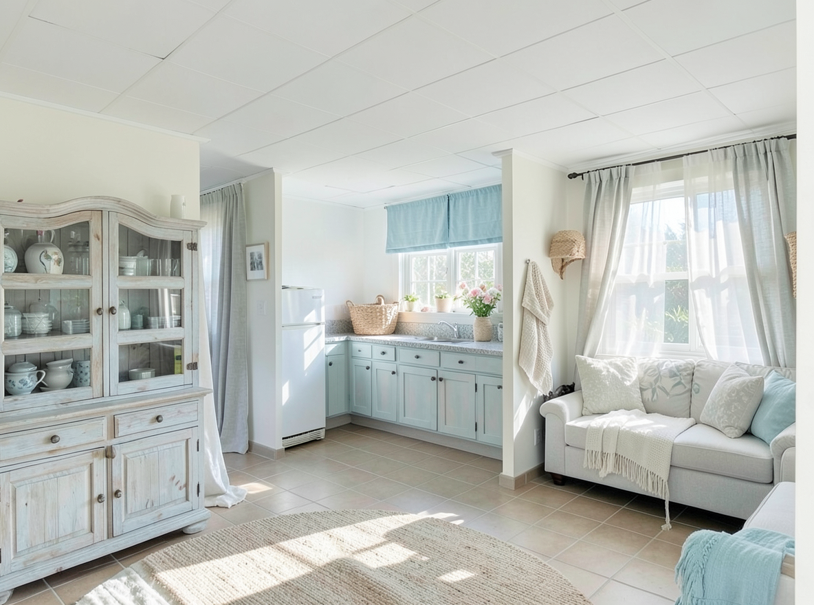 Main redesign studio: Redesign this room in a Coastal interior style: airy whites and soft-blue tones, weathered light wood, natural linen and woven textures, breezy sheer