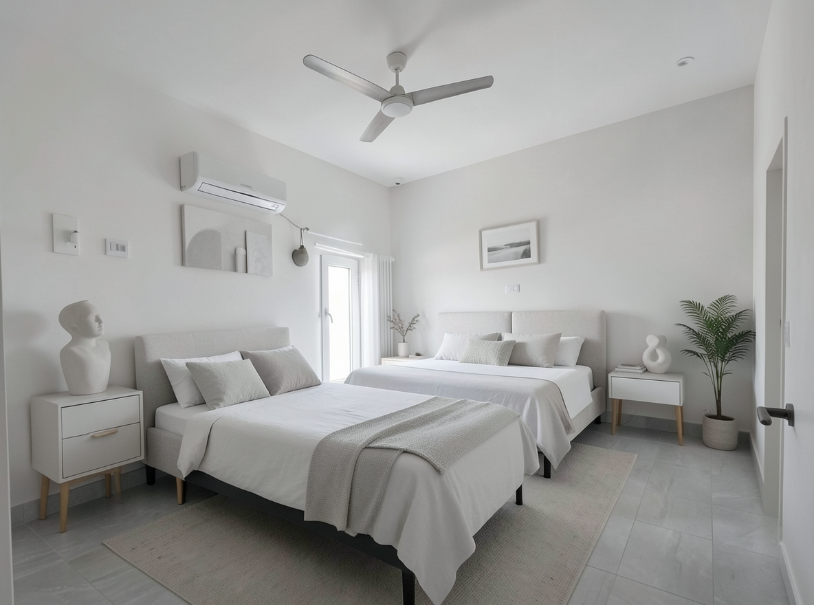 Main redesign studio: Redesign this room in a Minimalist interior style: an uncluttered space, a monochrome neutral palette, a few sculptural pieces, concealed storage, sof