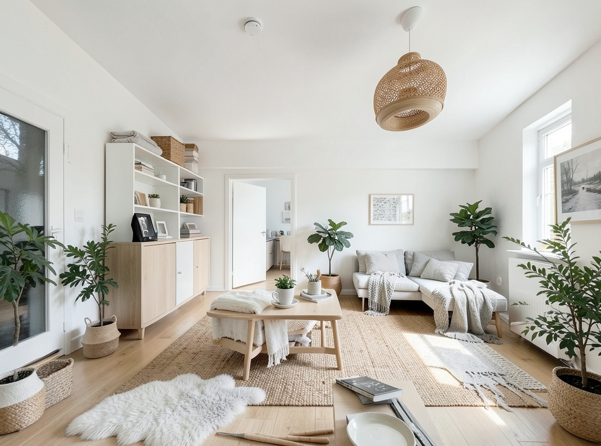 Main redesign studio: Redesign this room in a Scandinavian interior style: light oak wood, a white and soft-grey palette, wool and linen textiles, a woven jute rug, leafy p
