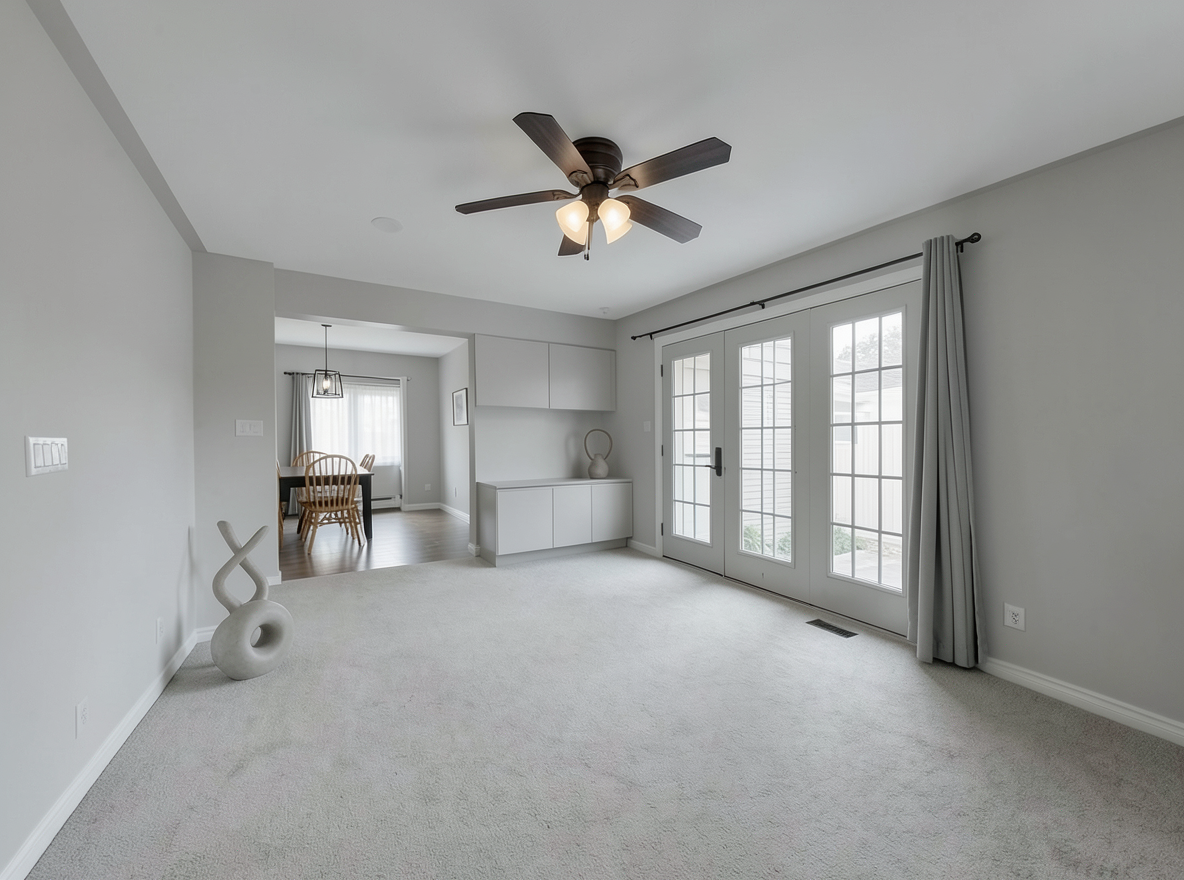 Main redesign studio: Redesign this room in a Minimalist interior style: an uncluttered space, a monochrome neutral palette, a few sculptural pieces, concealed storage, sof