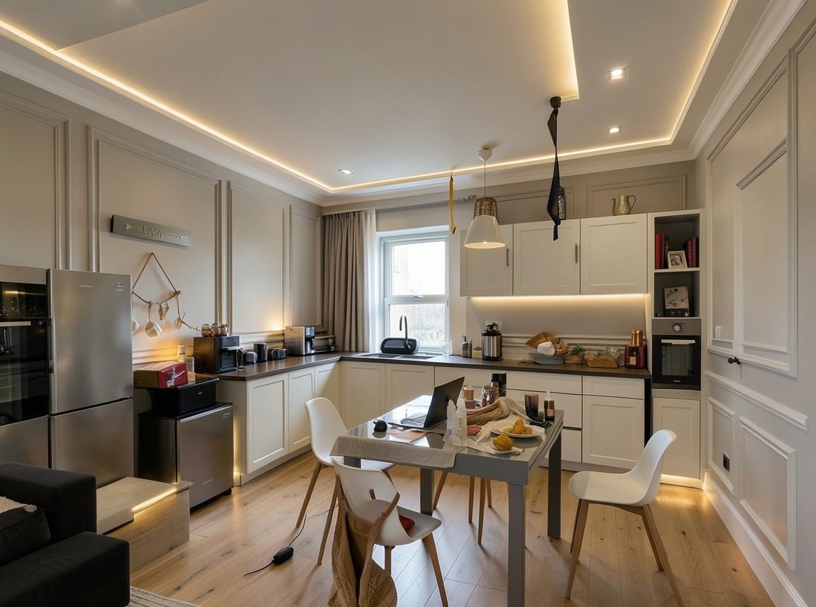 Main redesign studio: Redesign this room in a Modern interior style: clean lines, a neutral palette with bold accents, sleek low-profile furniture, glass and matte-metal su
