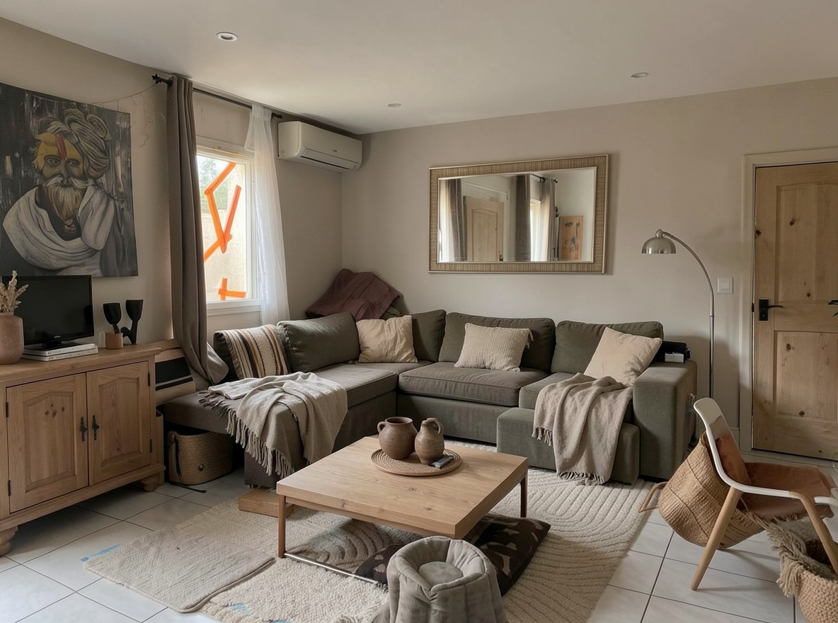 Main redesign studio: Redesign this room in a Japandi interior style: low natural-wood furniture, a muted earthy palette, handcrafted ceramics, linen textiles, soft diffuse