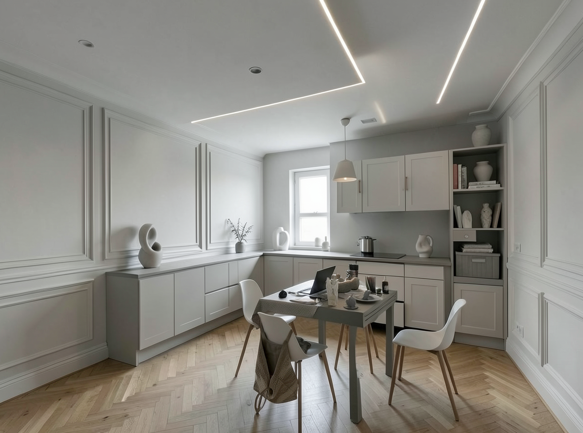 Main redesign studio: Redesign this room in a Minimalist interior style: an uncluttered space, a monochrome neutral palette, a few sculptural pieces, concealed storage, sof