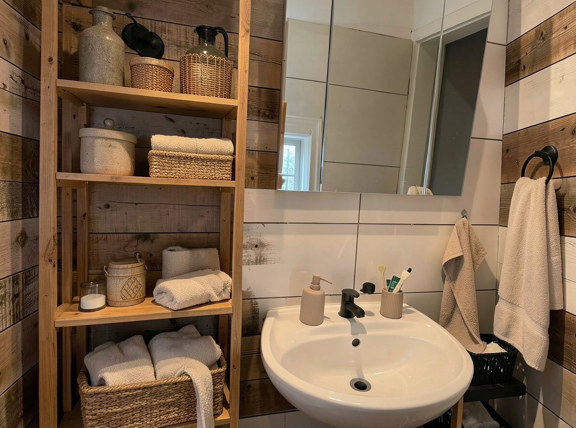 Main redesign studio: Redesign this room in a Farmhouse interior style: shiplap walls, warm reclaimed wood, matte-black fixtures, cozy neutral textiles, vintage accents, so