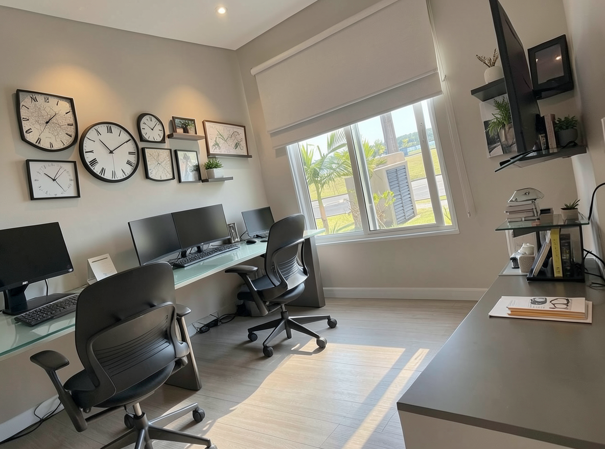 Main redesign studio: Redesign this room in a Modern interior style: clean lines, a neutral palette with bold accents, sleek low-profile furniture, glass and matte-metal su