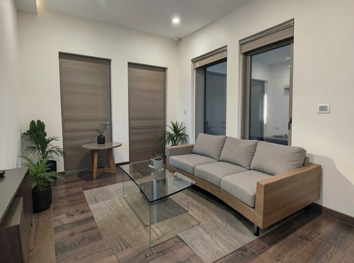 Main redesign studio: Redesign this room in a Modern interior style: clean lines, a neutral palette with bold accents, sleek low-profile furniture, glass and matte-metal su