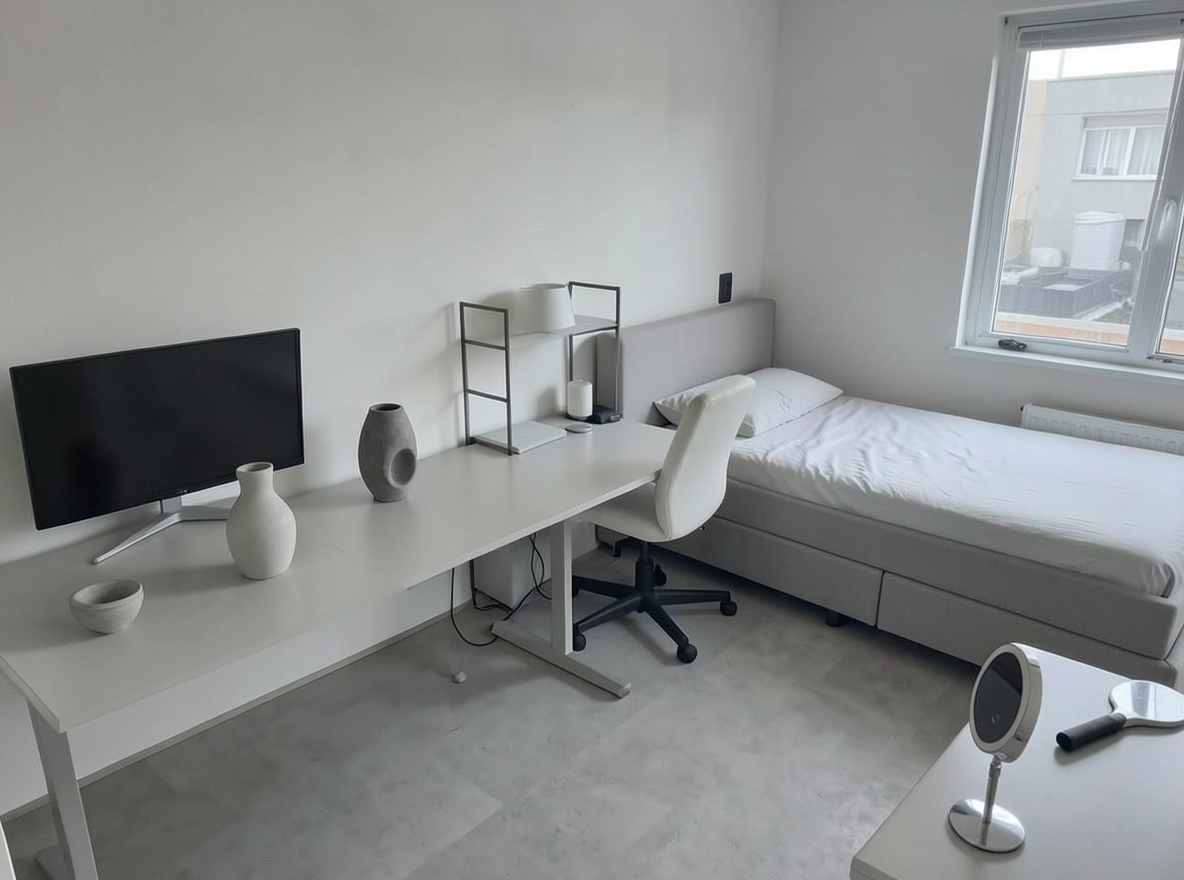 Main redesign studio: Redesign this room in a Minimalist interior style: an uncluttered space, a monochrome neutral palette, a few sculptural pieces, concealed storage, sof