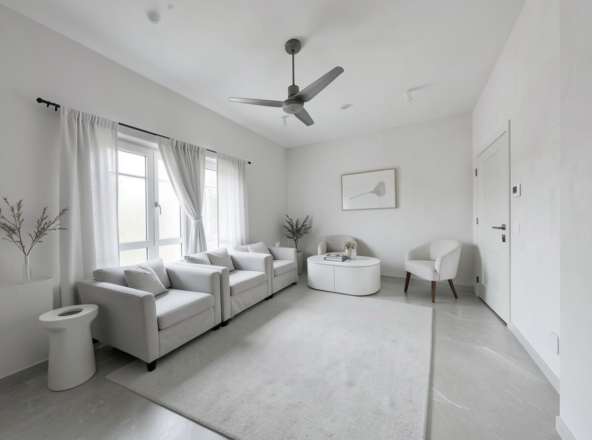 Main redesign studio: Redesign this room in a Minimalist interior style: an uncluttered space, a monochrome neutral palette, a few sculptural pieces, concealed storage, sof