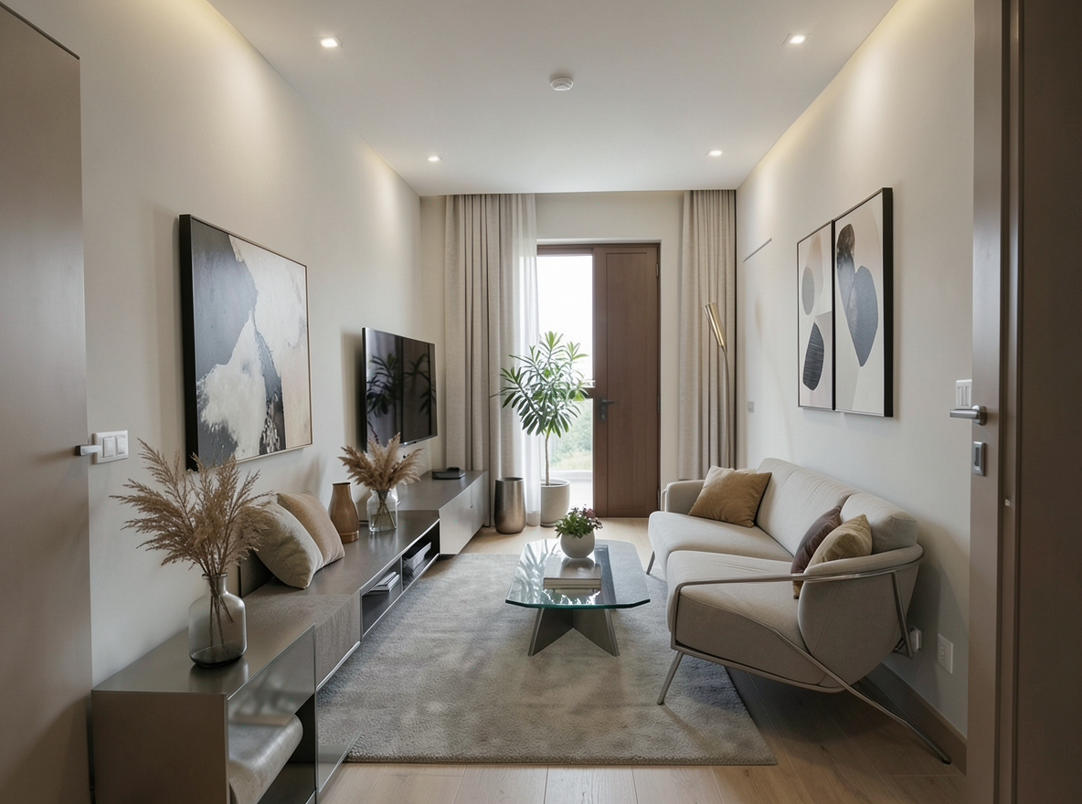 Main redesign studio: Redesign this room in a Modern interior style: clean lines, a neutral palette with bold accents, sleek low-profile furniture, glass and matte-metal su