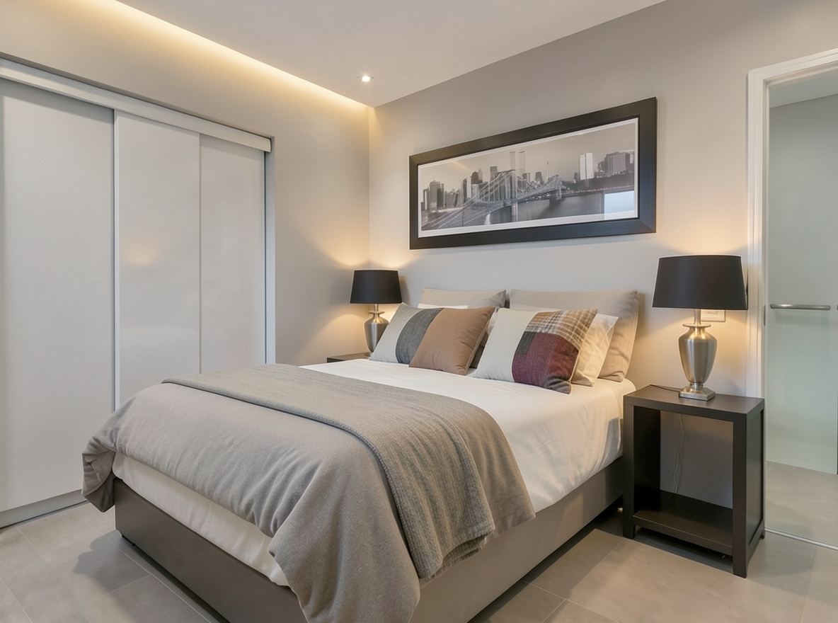 Main redesign studio: Redesign this room in a Modern interior style: clean lines, a neutral palette with bold accents, sleek low-profile furniture, glass and matte-metal su