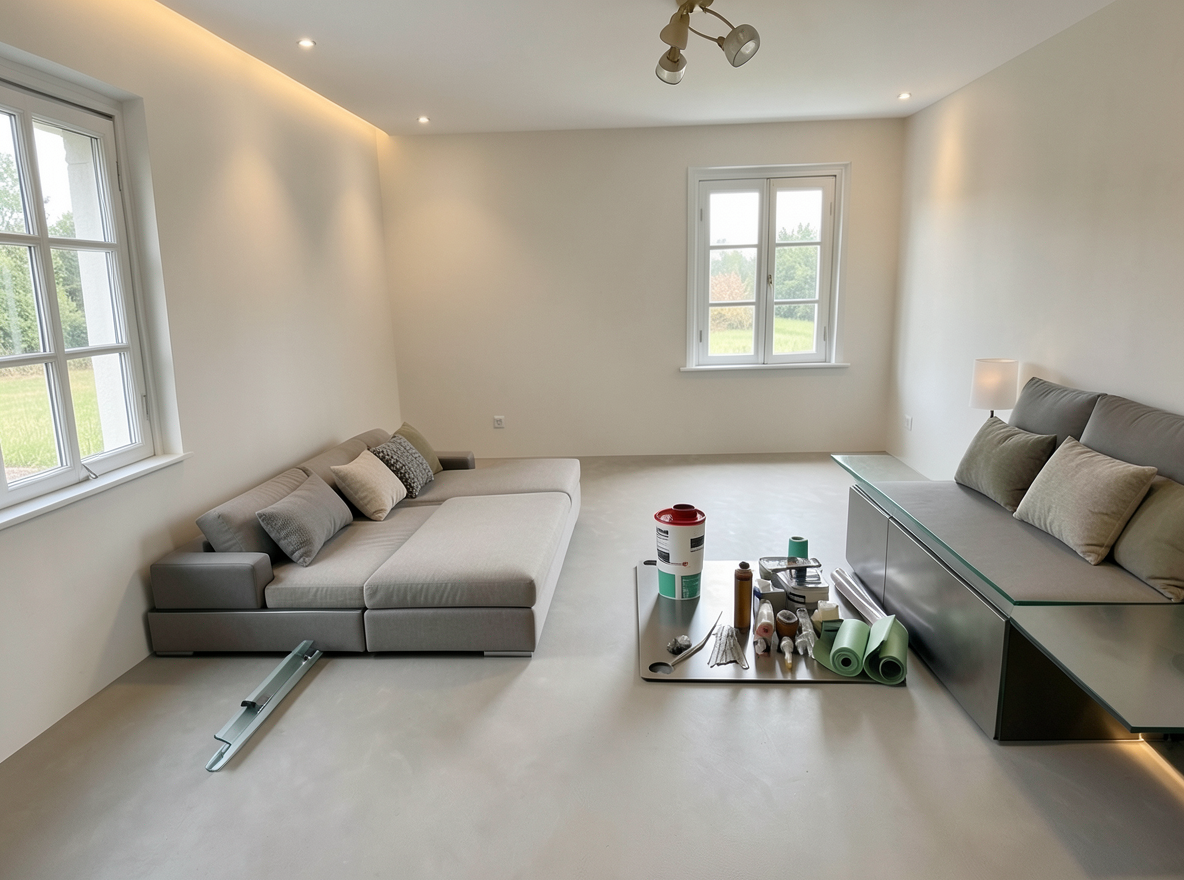 Main redesign studio: Redesign this room in a Modern interior style: clean lines, a neutral palette with bold accents, sleek low-profile furniture, glass and matte-metal su