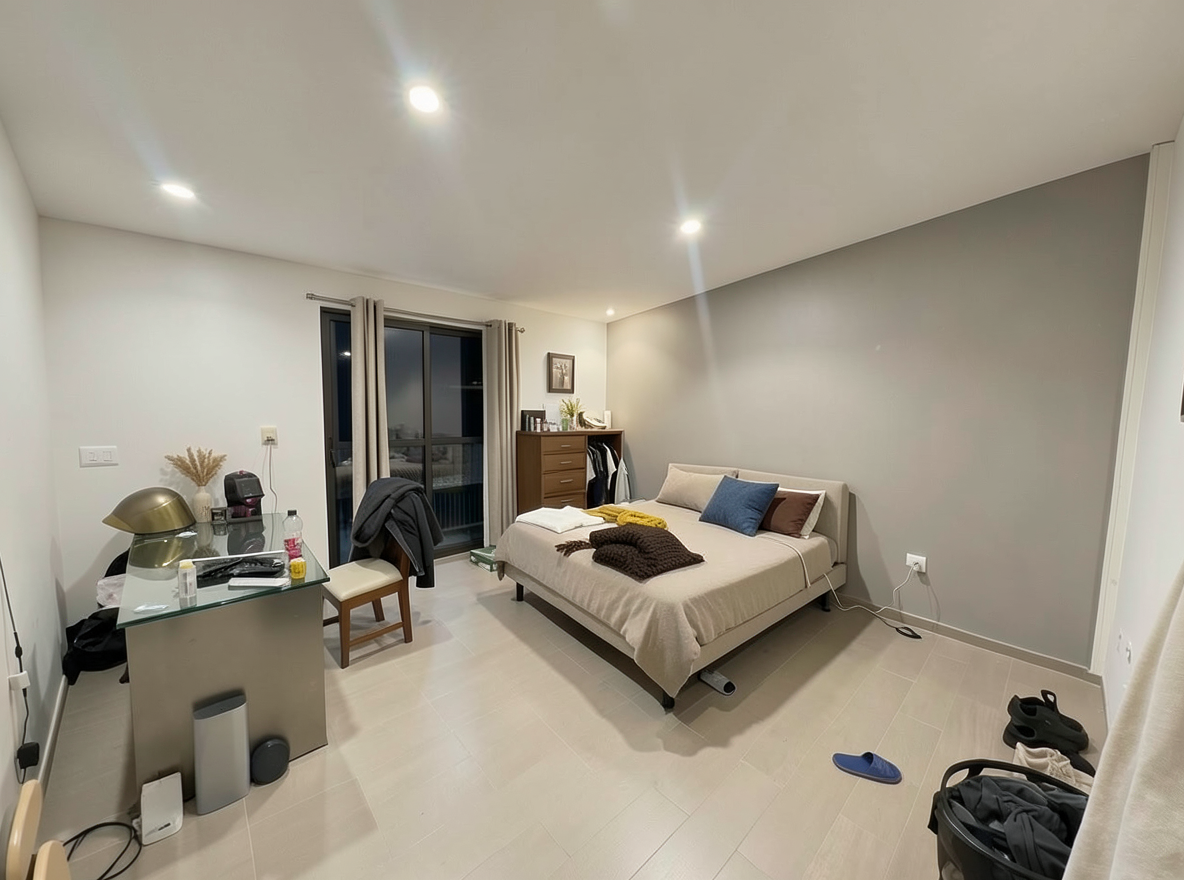 Main redesign studio: Redesign this room in a Modern interior style: clean lines, a neutral palette with bold accents, sleek low-profile furniture, glass and matte-metal su