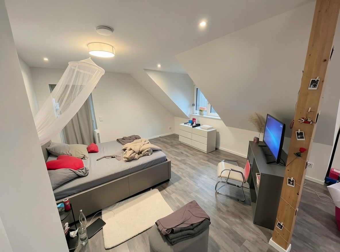 Main redesign studio: Redesign this room in a Modern interior style: clean lines, a neutral palette with bold accents, sleek low-profile furniture, glass and matte-metal su