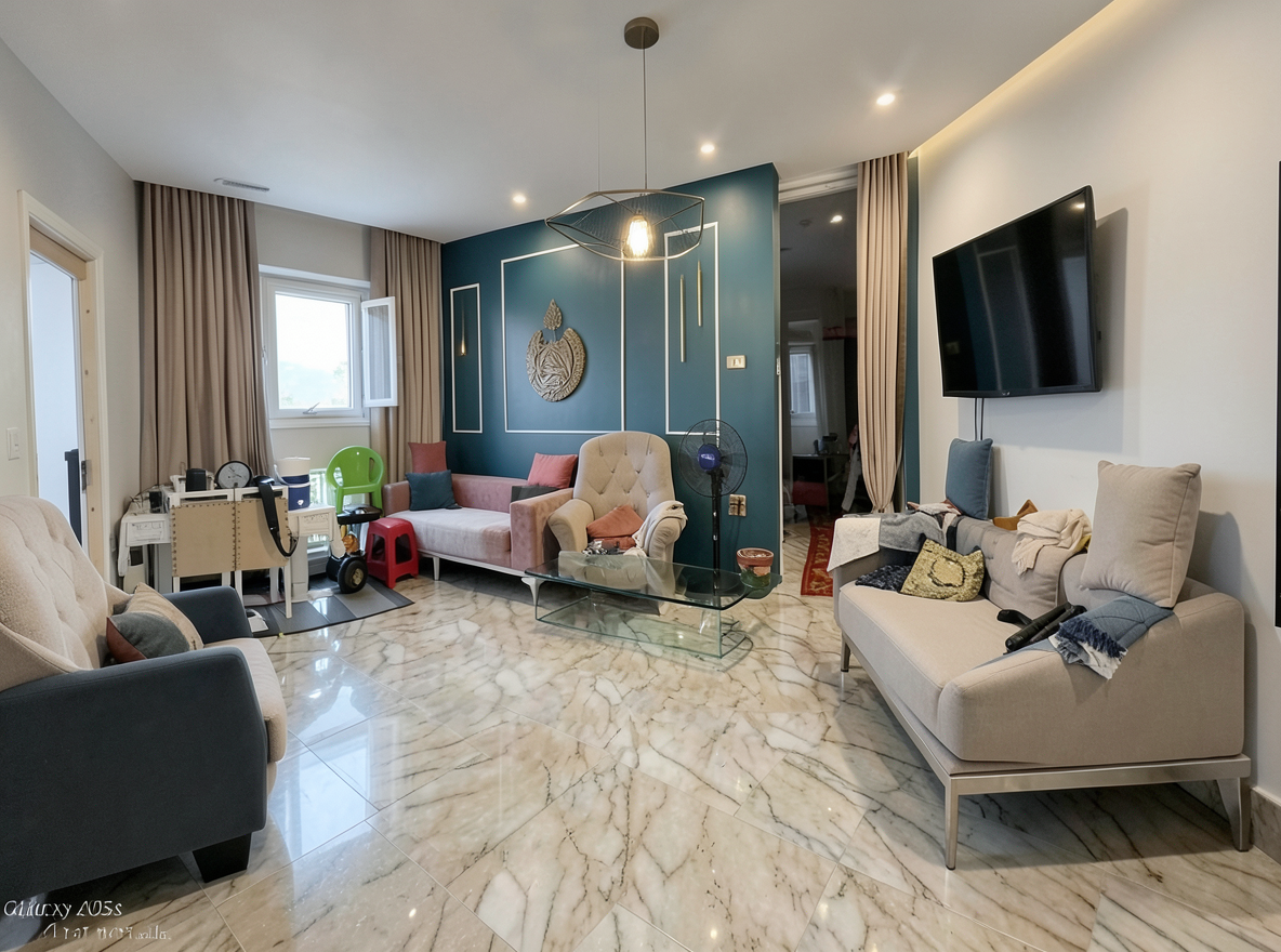 Main redesign studio: Redesign this room in a Modern interior style: clean lines, a neutral palette with bold accents, sleek low-profile furniture, glass and matte-metal su