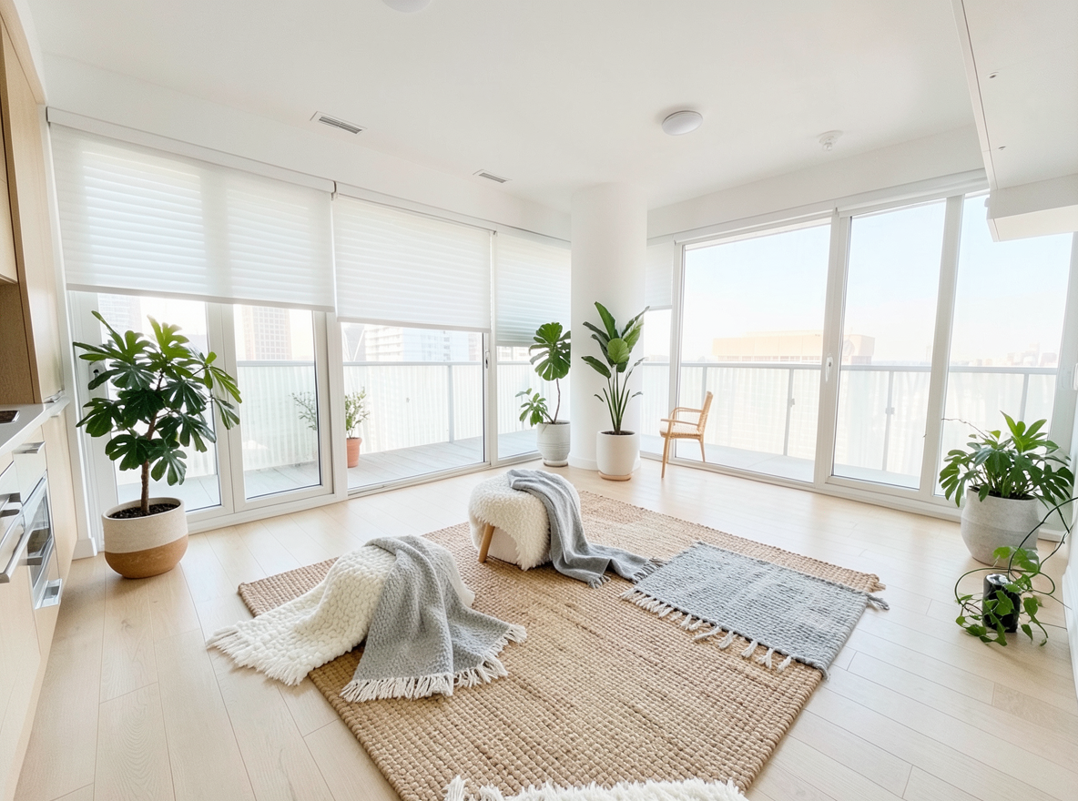Main redesign studio: Redesign this room in a Scandinavian interior style: light oak wood, a white and soft-grey palette, wool and linen textiles, a woven jute rug, leafy p