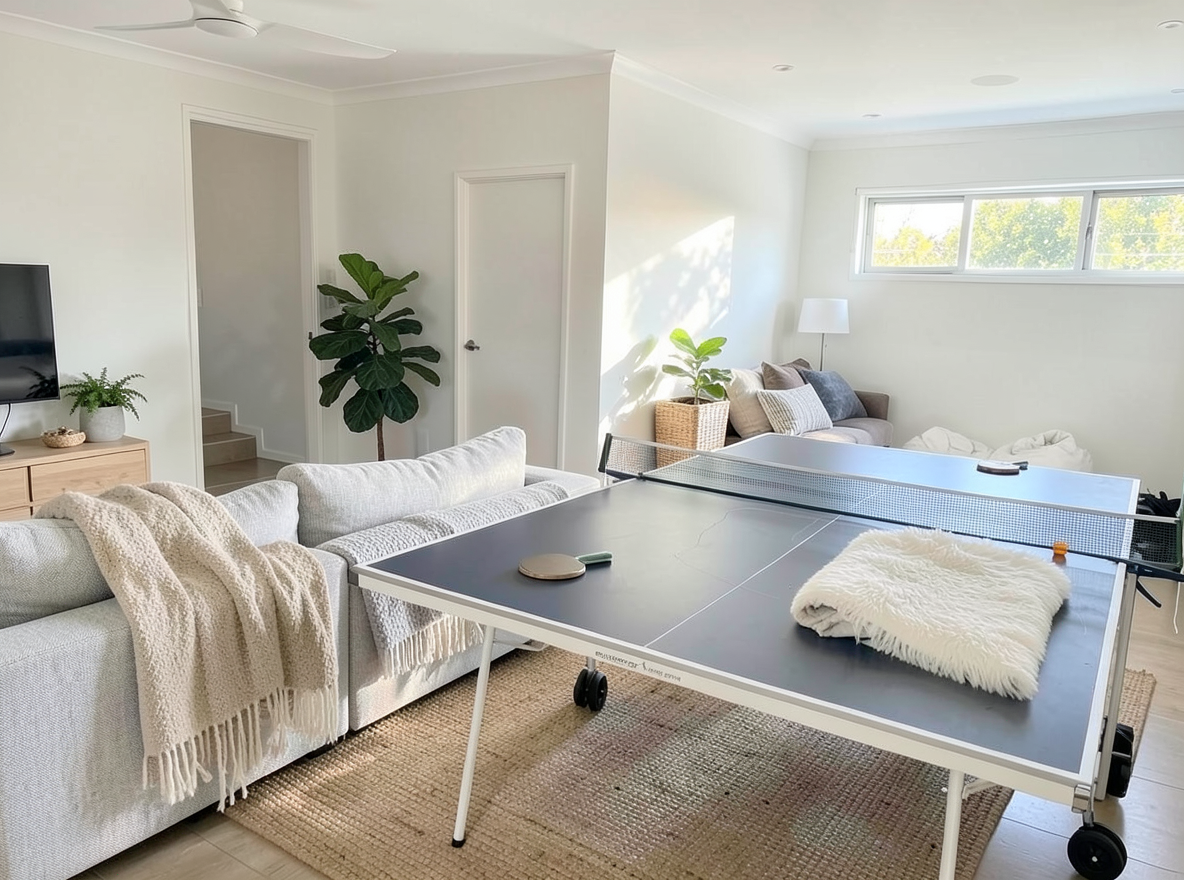 Main redesign studio: Redesign this room in a Scandinavian interior style: light oak wood, a white and soft-grey palette, wool and linen textiles, a woven jute rug, leafy p
