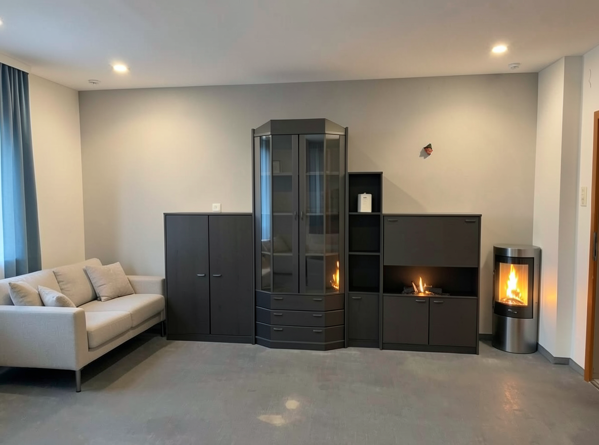 Main redesign studio: Redesign this room in a Modern interior style: clean lines, a neutral palette with bold accents, sleek low-profile furniture, glass and matte-metal su