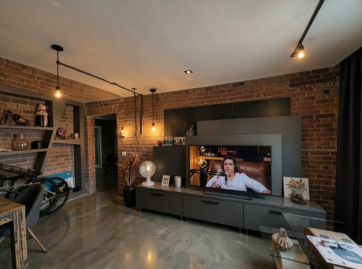 Main redesign studio: Redesign this room in a Industrial interior style: exposed-brick walls, black steel and reclaimed-wood furniture, polished concrete floor, leather acc