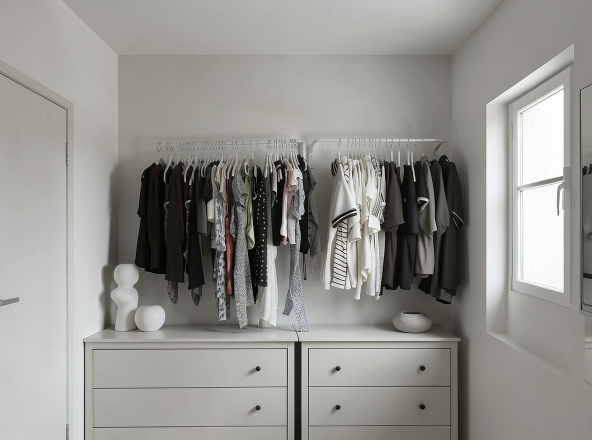 Main redesign studio: Redesign this room in a Minimalist interior style: an uncluttered space, a monochrome neutral palette, a few sculptural pieces, concealed storage, sof