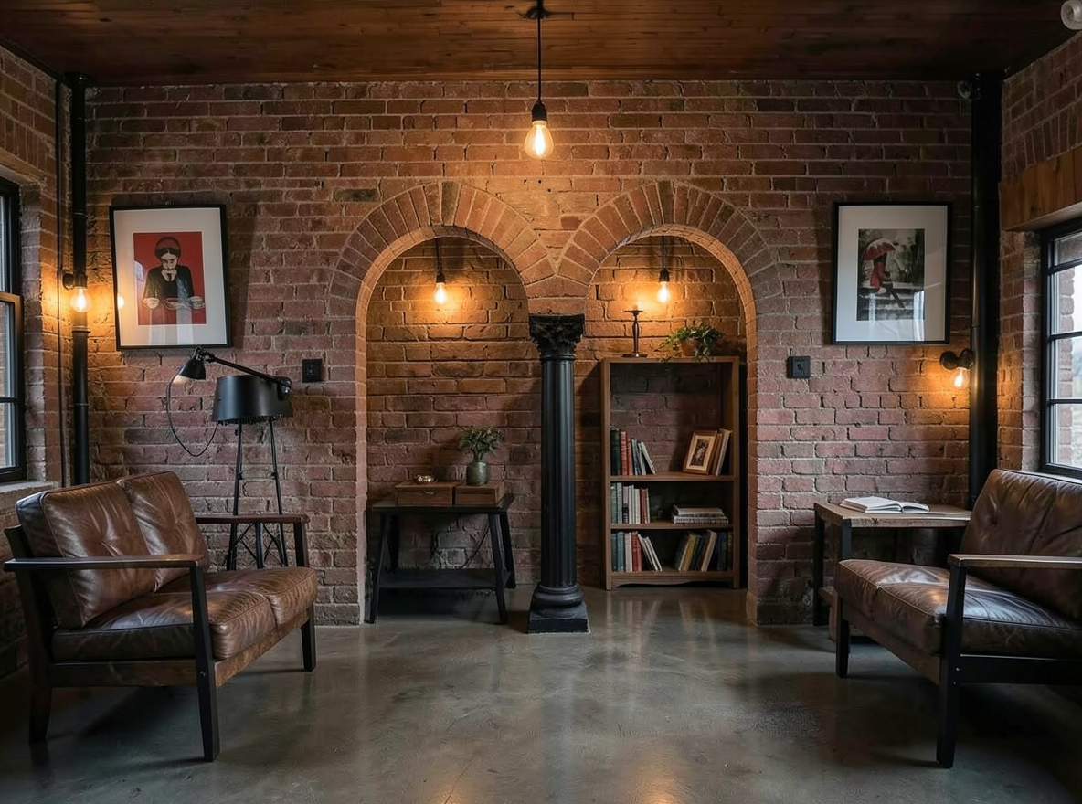 Main redesign studio: Redesign this room in a Industrial interior style: exposed-brick walls, black steel and reclaimed-wood furniture, polished concrete floor, leather acc