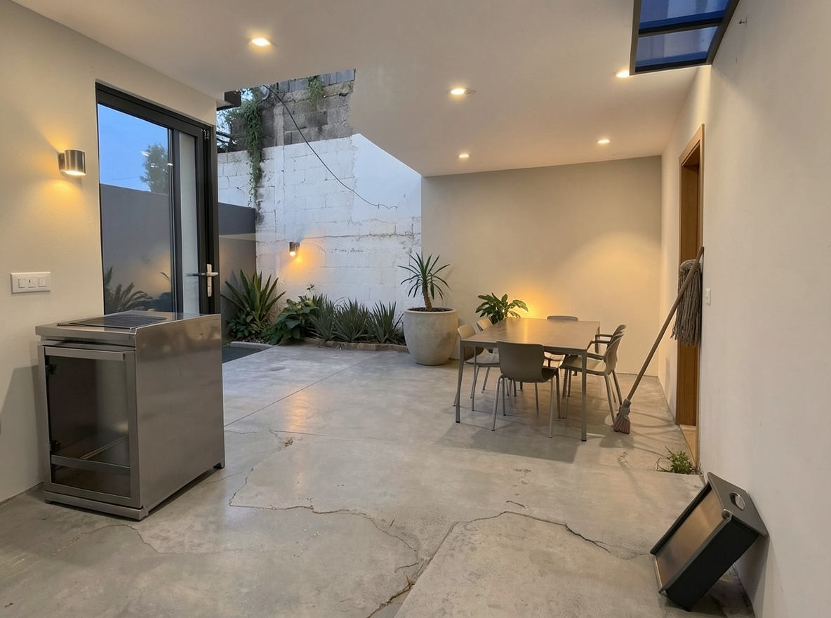 Main redesign studio: Redesign this room in a Modern interior style: clean lines, a neutral palette with bold accents, sleek low-profile furniture, glass and matte-metal su