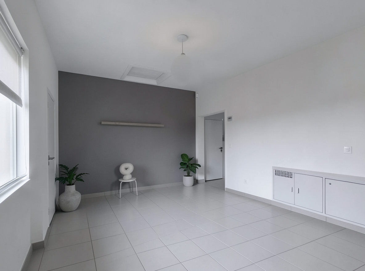 Main redesign studio: Redesign this room in a Minimalist interior style: an uncluttered space, a monochrome neutral palette, a few sculptural pieces, concealed storage, sof