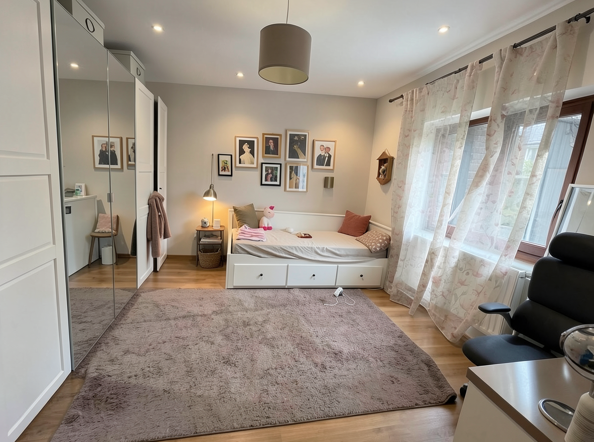 Main redesign studio: Redesign this room in a Modern interior style: clean lines, a neutral palette with bold accents, sleek low-profile furniture, glass and matte-metal su