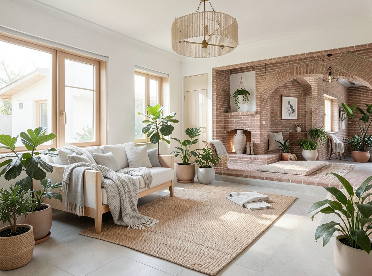 Main redesign studio: Redesign this room in a Scandinavian interior style: light oak wood, a white and soft-grey palette, wool and linen textiles, a woven jute rug, leafy p
