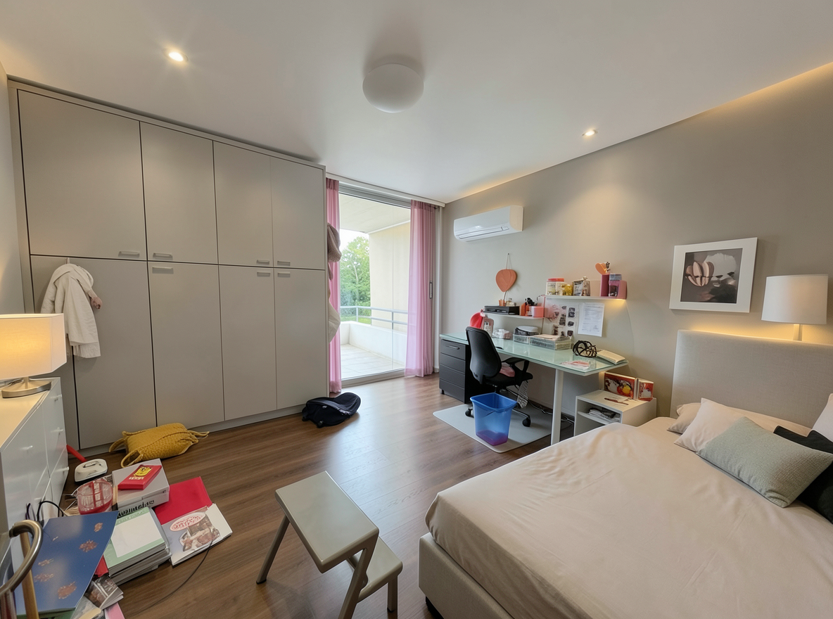 Main redesign studio: Redesign this room in a Modern interior style: clean lines, a neutral palette with bold accents, sleek low-profile furniture, glass and matte-metal su