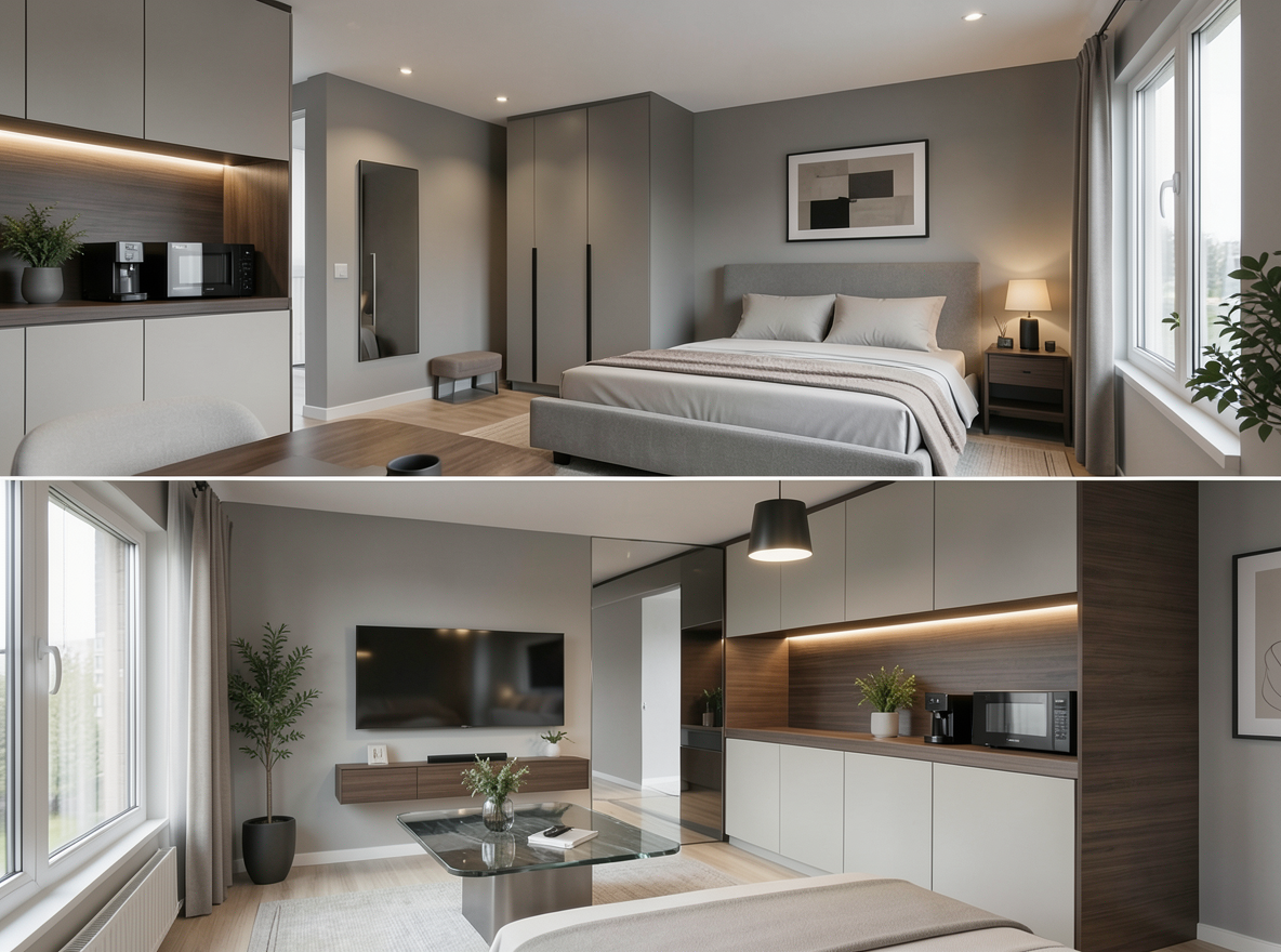 Main redesign studio: Redesign this room in a Modern interior style: clean lines, a neutral palette with bold accents, sleek low-profile furniture, glass and matte-metal su