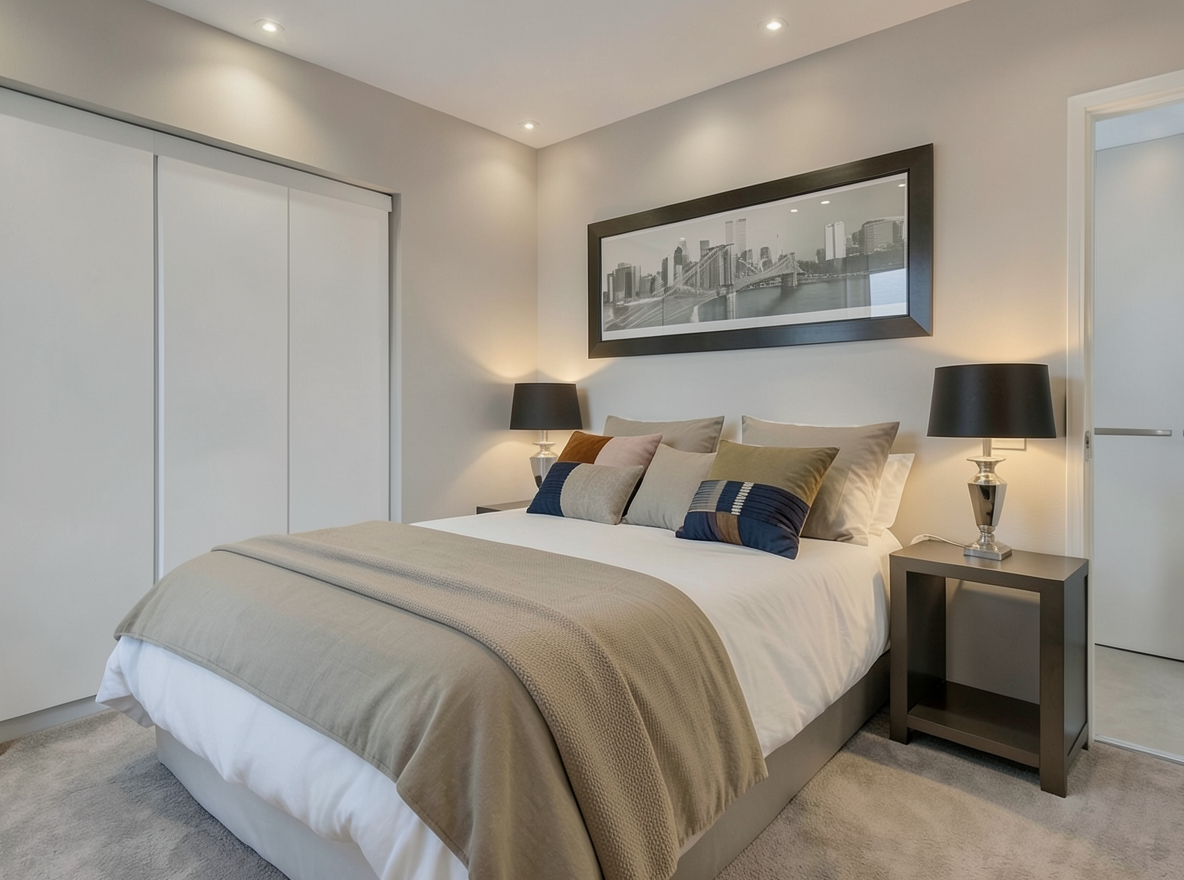 Main redesign studio: Redesign this room in a Modern interior style: clean lines, a neutral palette with bold accents, sleek low-profile furniture, glass and matte-metal su
