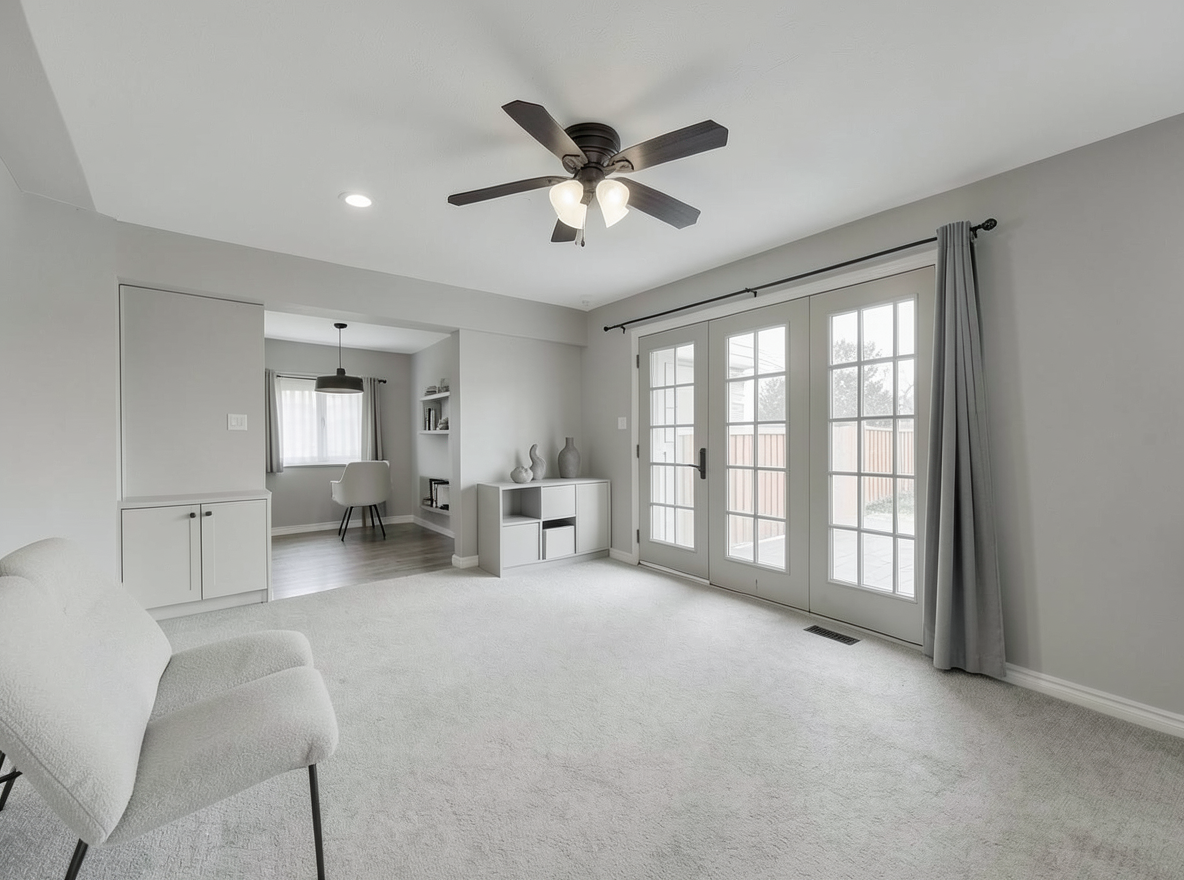 Main redesign studio: Redesign this room in a Minimalist interior style: an uncluttered space, a monochrome neutral palette, a few sculptural pieces, concealed storage, sof