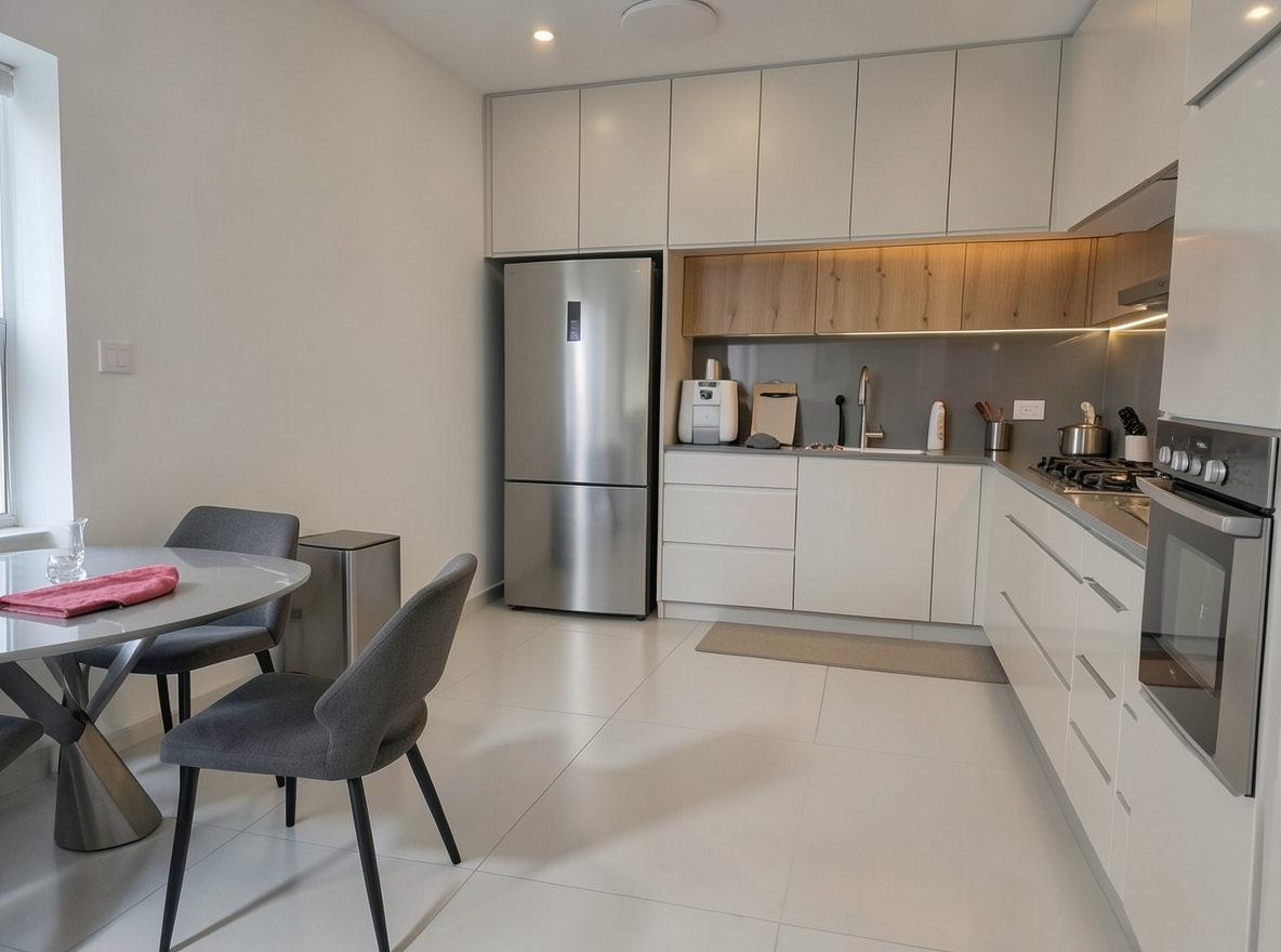 Main redesign studio: Redesign this room in a Modern interior style: clean lines, a neutral palette with bold accents, sleek low-profile furniture, glass and matte-metal su