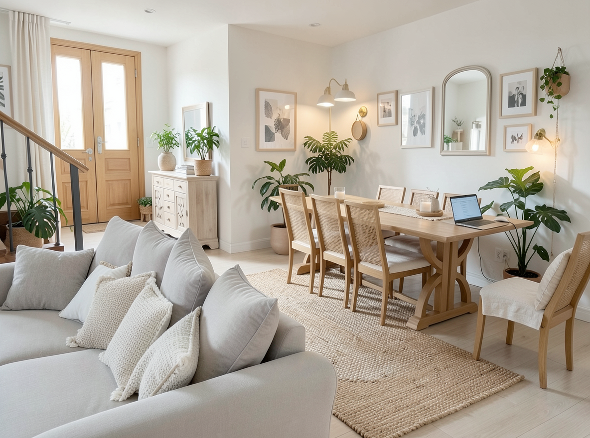 Main redesign studio: Redesign this room in a Scandinavian interior style: light oak wood, a white and soft-grey palette, wool and linen textiles, a woven jute rug, leafy p