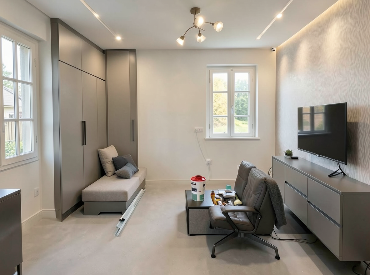 Main redesign studio: Redesign this room in a Modern interior style: clean lines, a neutral palette with bold accents, sleek low-profile furniture, glass and matte-metal su