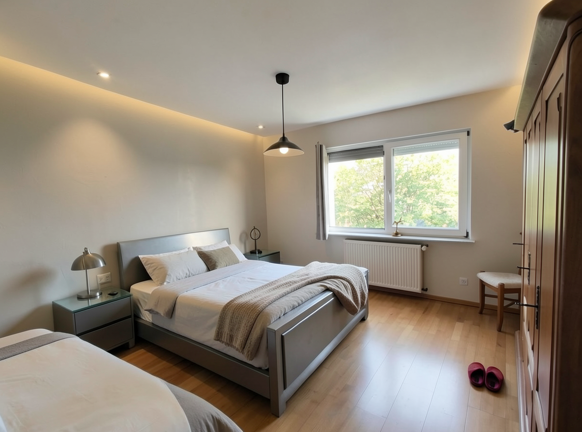 Main redesign studio: Redesign this room in a Modern interior style: clean lines, a neutral palette with bold accents, sleek low-profile furniture, glass and matte-metal su