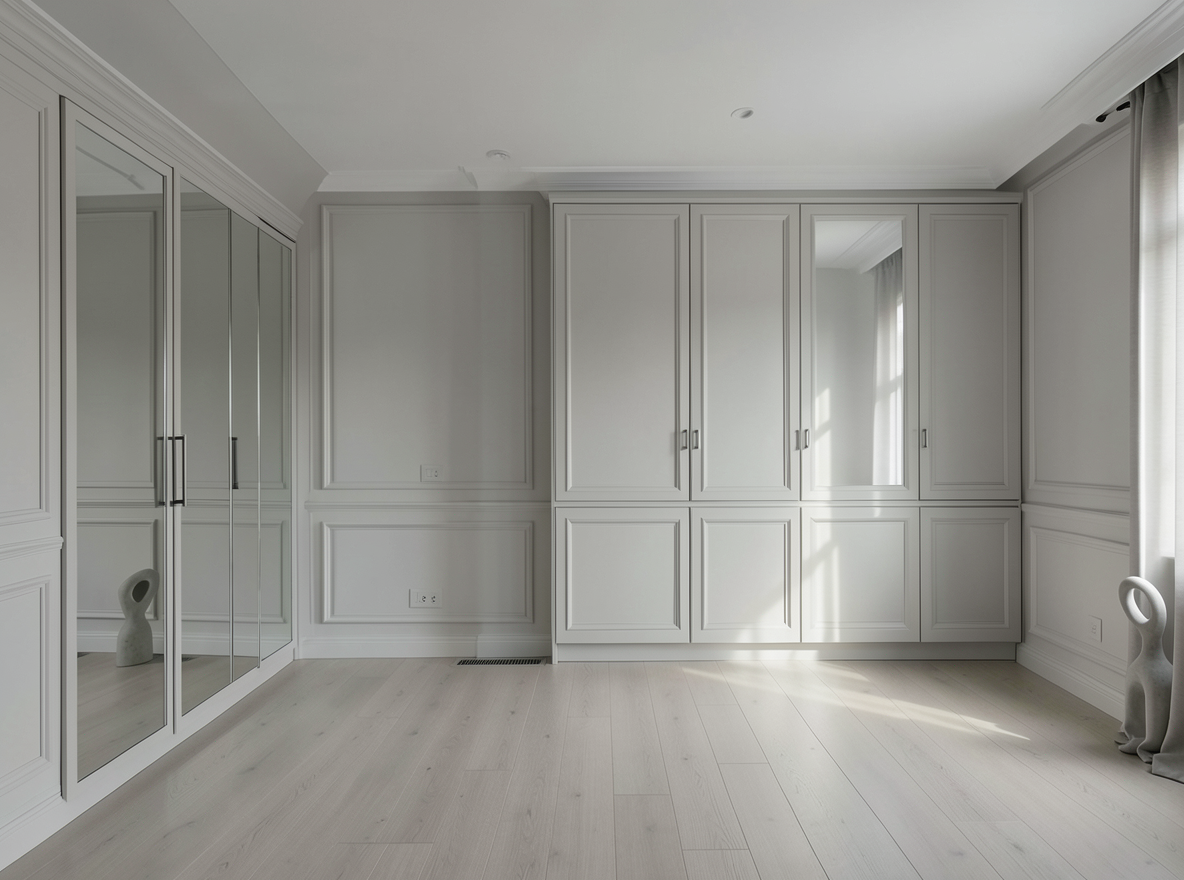 Main redesign studio: Redesign this room in a Minimalist interior style: an uncluttered space, a monochrome neutral palette, a few sculptural pieces, concealed storage, sof