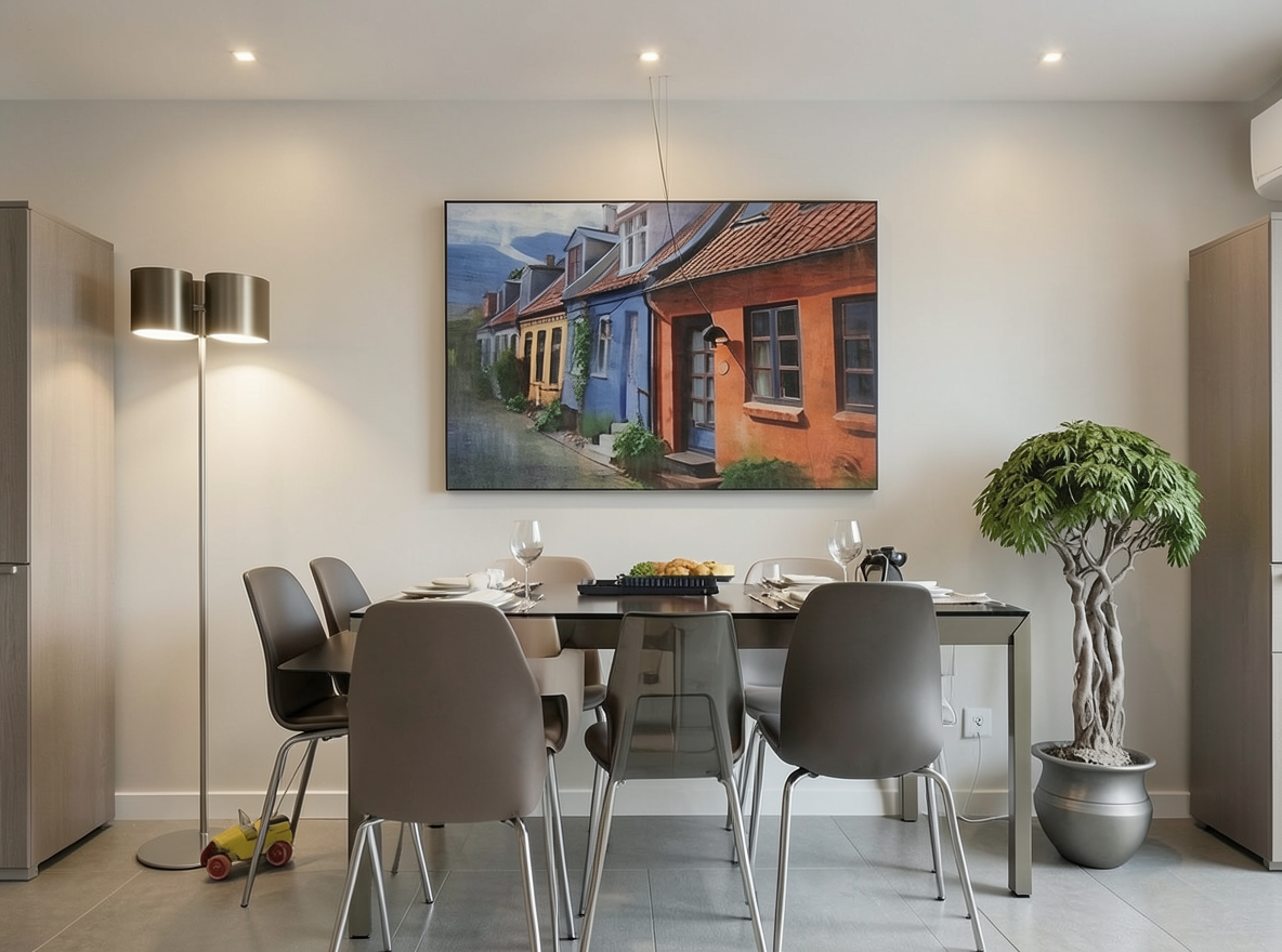 Main redesign studio: Redesign this room in a Modern interior style: clean lines, a neutral palette with bold accents, sleek low-profile furniture, glass and matte-metal su